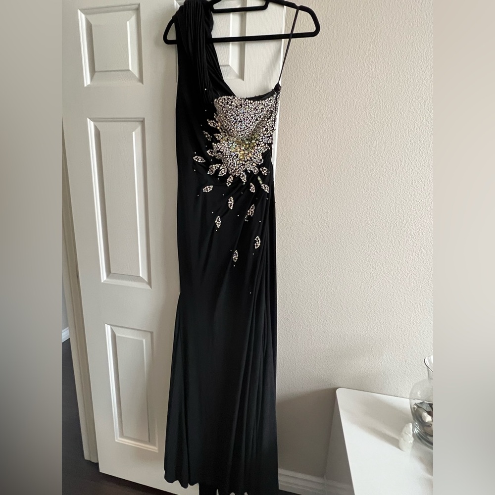 BLACK RHINESTONE ONE SHOULDER SLIT LONG EVENING GOWN SIZE 8